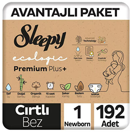Sleepy Ecologic Premium Plus Avantajlı Paket Bebek Bezi 1 Numara Yenidoğan 192 Adet