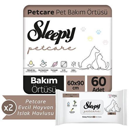 Sleepy Petcare 2X30 Adet Pet Bakım Örtüsü + 2X60 Evcil Hayvan Islak Havlusu