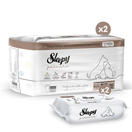 Sleepy Petcare 2X30 Adet Pet Bakım Örtüsü + 2X60 Evcil Hayvan Islak Havlusu