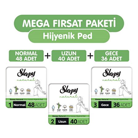 Sleepy Natural Ultra Normal Hijyenik Ped 48 Adet + Uzun 40 Adet + Gece 36 Adet