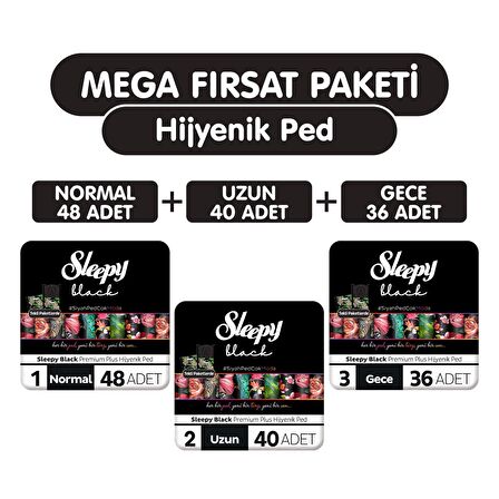 Sleepy Black Premium Plus Normal Hijyenik Ped 48 Adet + Uzun 40 Adet + Gece 36 Adet