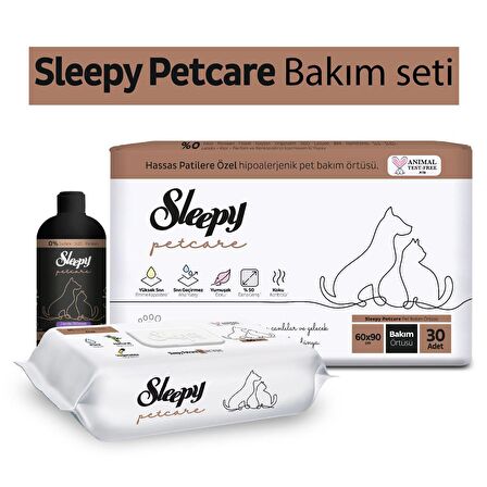 Sleepy Petcare Bakım Seti ( 30'lu Pet Bakım Örtüsü + 60 Yaprak Islak Havlu + 500 ml Şampuan )