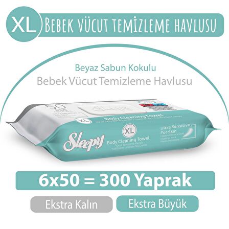 XL Beyaz Sabun Kokulu Bebek Vücut Temizleme Havlusu 6x50 (300 Yaprak)