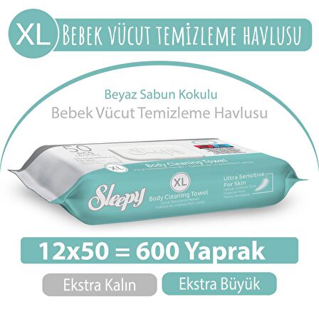 XL Beyaz Sabun Kokulu Bebek Vücut Temizleme Havlusu 12x50 (600 Yaprak)