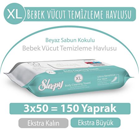 XL Beyaz Sabun Kokulu Bebek Vücut Temizleme Havlusu 3x50 (150 Yaprak)