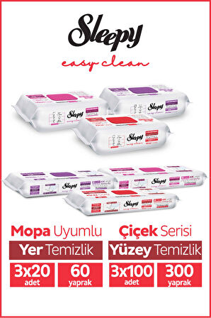 Sleepy Easy Clean Çiçek Serisi 3x100 Yüzey & 3x20 Yer Temizlik Havlusu&Mendili Karma Paket