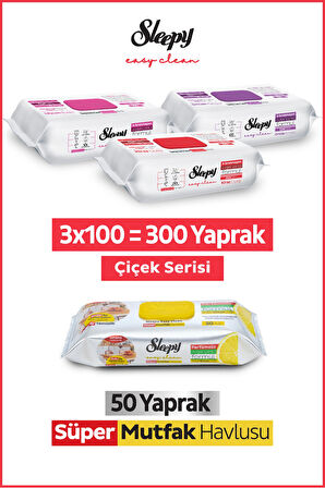 Sleepy Easy Clean Çiçek Serisi&Limon Yağlı Süper Mutfak Yüzey Temizlik Havlusu&Mendili(3x100+50)