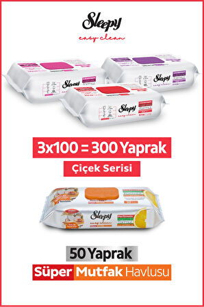 Sleepy Easy Clean Çiçek Serisi&Portakal Yağlı Süper Mutfak Yüzey Temizlik Havlusu&Mendili(3x100+50)