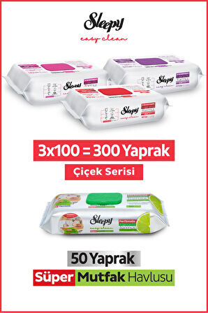 Sleepy Easy Clean Çiçek Serisi&Bergamot Yağlı Süper Mutfak Yüzey Temizlik Havlusu&Mendili(3x100+50)