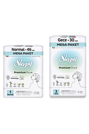 Sleepy Bio Natural Premium Plus Hijyenik Ped Mega Paket Normal 46 Adet+Gece 30 Adet+Cüzdan Hediyeli