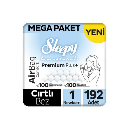 Sleepy Bio Natural Premium Plus Airbag Comfort Mega Paket Bebek Bezi 1 Numara Newborn 192 Adet