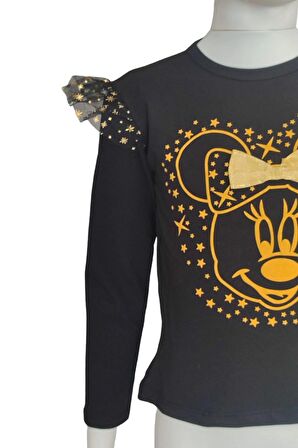 Deri Etek Uzun Kollu Tişört Kız Çocuk Bayramlık Takım Minnie Baskılı T-shirt Deri Etek Takım