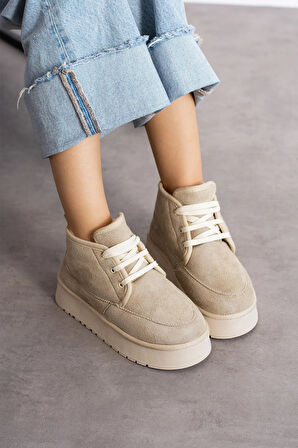 Günlük Kadın Bot Kalın Yüksek Taban Bağcıklı Kürklü Astarlı Oval Burunlu Rahat Bootie U15