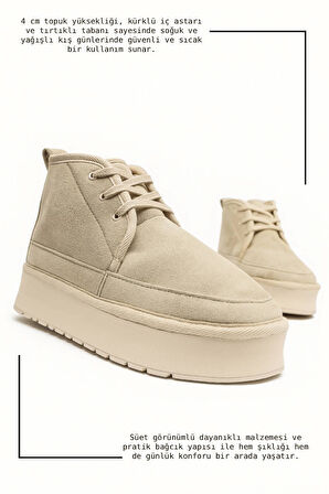 Günlük Kadın Bot Kalın Yüksek Taban Bağcıklı Kürklü Astarlı Oval Burunlu Rahat Bootie U15