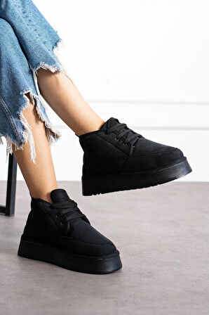 Günlük Kadın Bot Kalın Yüksek Taban Bağcıklı Kürklü Astarlı Oval Burunlu Rahat Bootie U15