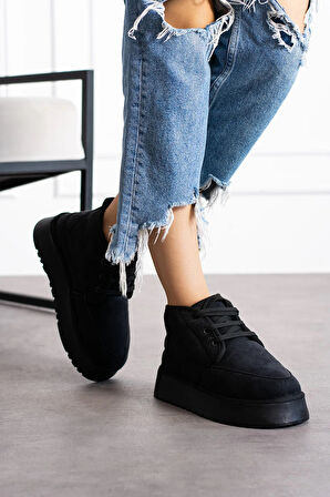 Günlük Kadın Bot Kalın Yüksek Taban Bağcıklı Kürklü Astarlı Oval Burunlu Rahat Bootie U15