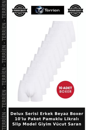 Delux Serisi Erkek Beyaz Boxer 10'lu Paket Pamuklu Likralı Slip Model Giyim Vücut Saran