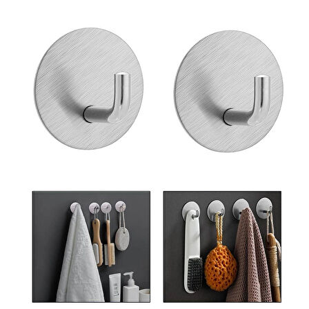Microcase  Yapışkanlı  Paslanmaz Çelik Banyo Mutfak Eşya Havlu Vb Metal Askılık Yuvarlak Tasarım -GÜMÜŞ AL4935 2 Adet