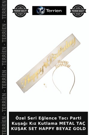 Özel Seri Eğlence Tacı Parti Kuşağı Kız Kutlama METAL TAÇ KUŞAK SET HAPPY BEYAZ GOLD