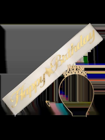 Özel Seri Eğlence Tacı Parti Kuşağı Kız Kutlama METAL TAÇ KUŞAK SET HAPPY BEYAZ GOLD