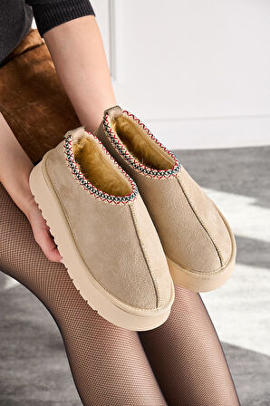 Günlük Kadın Bot Desenli Yüksek KalınTaban İçi Kürklü Süet Kısa Bootie Hafif  U50