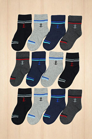 12 Çift Burun Dikişsiz Çapa Desenli Kışlık Kalın Havlu Çocuk Soket Çorap