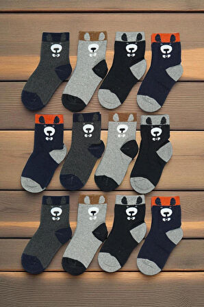 12 Çift Burun Dikişsiz Panda Desenli Kışlık Kalın Havlu Erkek Çocuk Soket Çorap