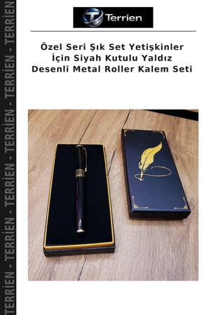 Özel Seri Şık Set Yetişkinler İçin Siyah Kutulu Yaldız Desenli Metal Roller Kalem Seti
