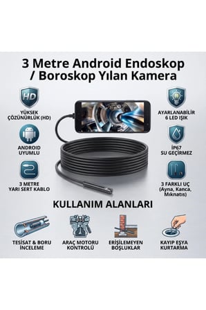10 Adet Yılan Kamera Endoskop – Android Uyumlu Boroskop, 3 Metre Yarı Sert Kablo, 6 LED, IP67, Boru İnceleme Inspection Camera