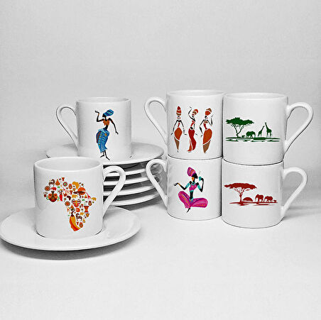 AFRİKA TEMALI BASKILI PORSELEN 6LI TÜRK KAHVESİ FİNCAN TAKIMI