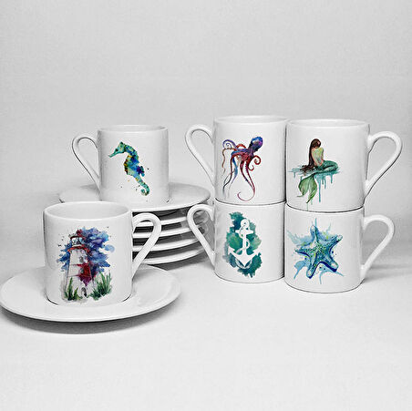 DENİZ TEMALI BASKILI PORSELEN 6LI TÜRK KAHVESİ FİNCAN TAKIMI