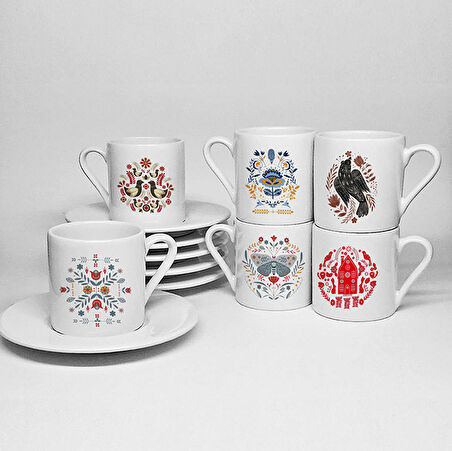 FOLK ART TEMALI BASKILI PORSELEN 6LI TÜRK KAHVESİ FİNCAN TAKIMI