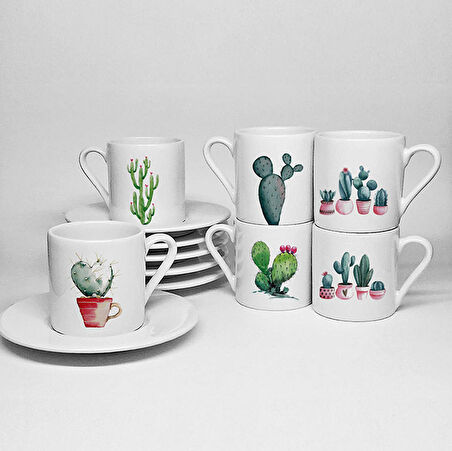 KAKTÜS TEMALI BASKILI PORSELEN 6LI TÜRK KAHVESİ FİNCAN TAKIMI