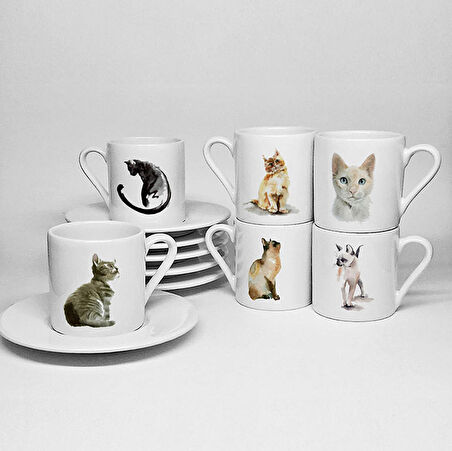 KEDİLER TEMALI BASKILI PORSELEN 6LI TÜRK KAHVESİ FİNCAN TAKIMI