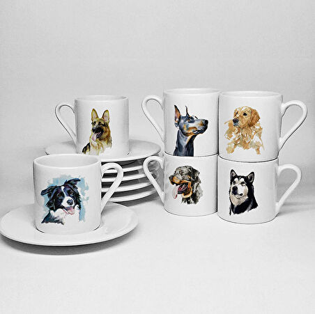 KÖPEKLER TEMALI BASKILI PORSELEN 6LI TÜRK KAHVESİ FİNCAN TAKIMI