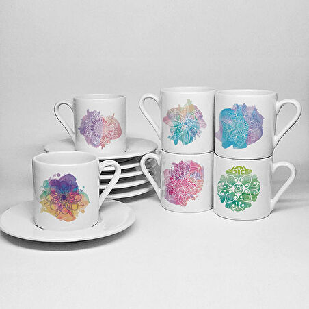 MANDALA TEMALI BASKILI PORSELEN 6LI TÜRK KAHVESİ FİNCAN TAKIMI