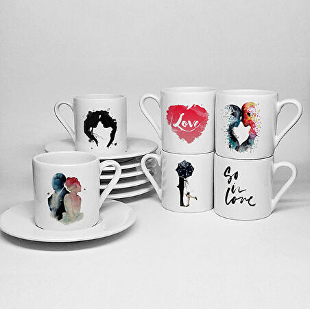 LOVE AŞK TEMALI BASKILI PORSELEN 6LI TÜRK KAHVESİ FİNCAN TAKIMI