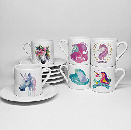 UNİCORN TEMALI BASKILI PORSELEN 6LI TÜRK KAHVESİ FİNCAN TAKIMI
