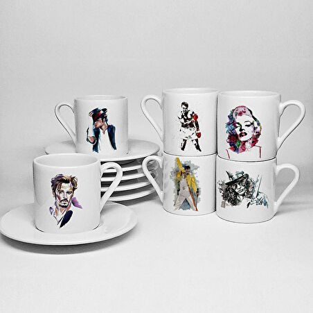 ŞÖHRETLER TEMALI BASKILI PORSELEN 6LI TÜRK KAHVESİ FİNCAN TAKIMI