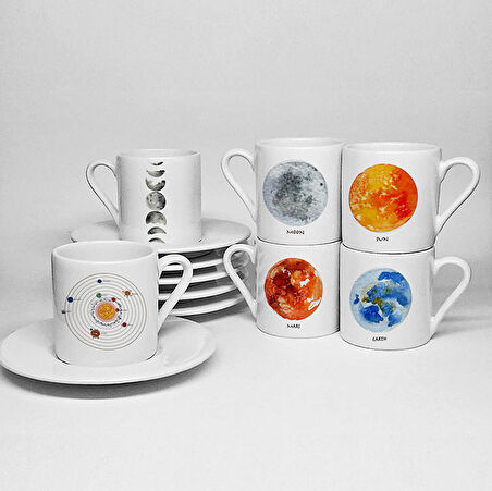 GÜNEŞ SİSTEMİ TEMALI BASKILI PORSELEN 6LI TÜRK KAHVESİ FİNCAN TAKIMI