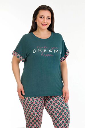 Koyu Yeşil Renk ve Desenli Lady 10676 Kadın Kısa Kol Kaprili Büyük Beden Pijama Takımı