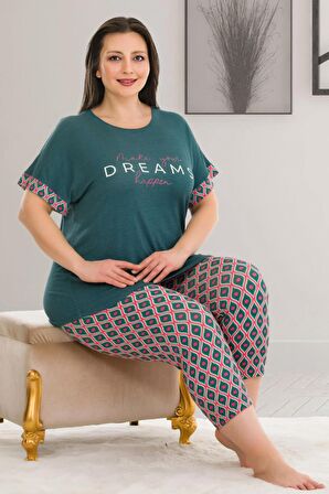 Koyu Yeşil Renk ve Desenli Lady 10676 Kadın Kısa Kol Kaprili Büyük Beden Pijama Takımı
