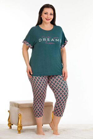 Koyu Yeşil Renk ve Desenli Lady 10676 Kadın Kısa Kol Kaprili Büyük Beden Pijama Takımı