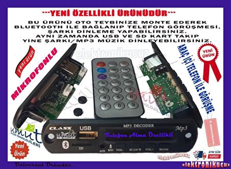 EU-01-12 VOLT UZAKTAN KUMANDALI DİJİTAL USB AUX BLUETOOTH MP3 SES VE MÜZİK MODÜLÜ MİKROFON