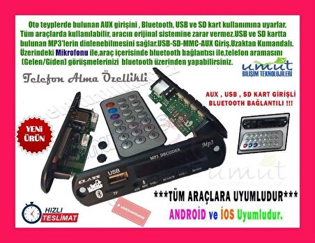 EU-01-BLUETOOTHLU Araç Araba OTO TEYP USB/SD ÇEVİRİCİ AUX KUMANDA 12V LİNEA BLUETOOTHLU  