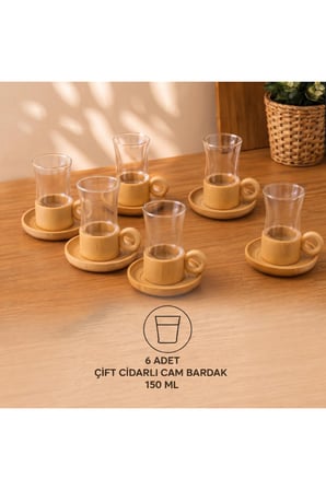 1 Adet Çay Seti – Çift Cidarlı 150 ML Cam Bardaklar, Doğal Bambu Altlıklar, Misafir Sunumu, Ev Ve Ofis Kullanımı, Tea Set, Double Wall Glass