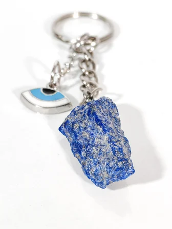 Ham Lapis Lazuli Taşı ve Nazar Boncuğu Uçlu Özel Tasarım Anahtarlık