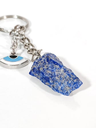 Ham Lapis Lazuli Taşı ve Nazar Boncuğu Uçlu Özel Tasarım Anahtarlık