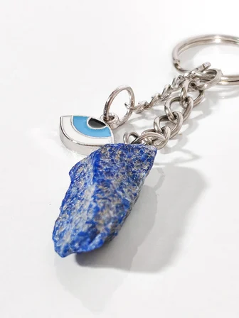 Ham Lapis Lazuli Taşı ve Nazar Boncuğu Uçlu Özel Tasarım Anahtarlık