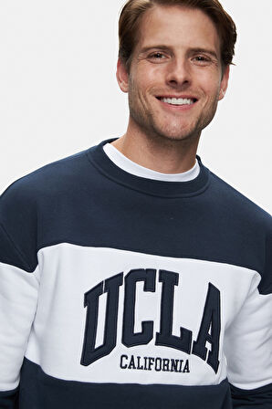 ARCHER Lacivert Bisiklet Yaka Nakışlı Loose Fit Erkek Sweatshirt